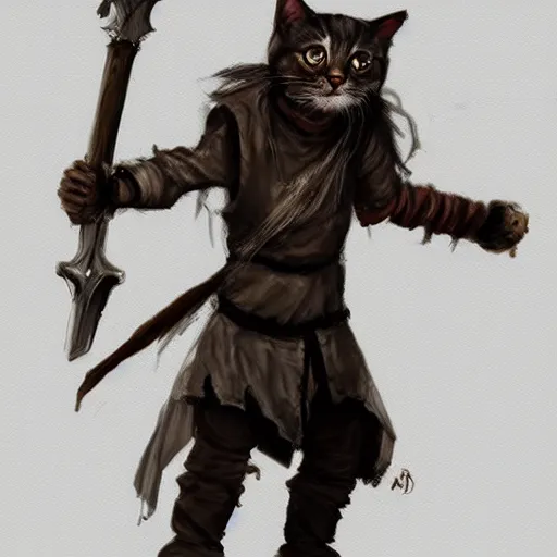 Image similar to dirty homeless humanoid cat wearing rags, wielding a broadsword, concept art, d & d, fantasy, trending on artstation