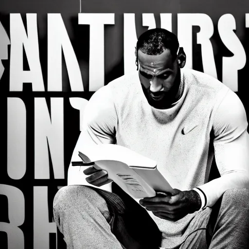 Prompt: professional close up shot photograph of lebron james reading a book while in an nba game, wearing nba jersey, standing, award - winning photograph, highly detailed, dramatic posing, 8 k quality, high quality