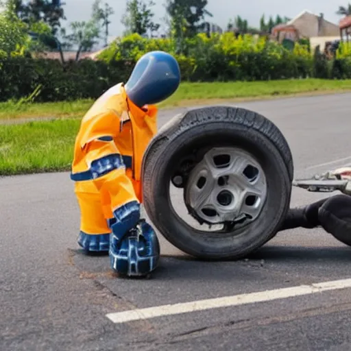 Prompt: an aeroplane, a small realistic robot fixing tyres