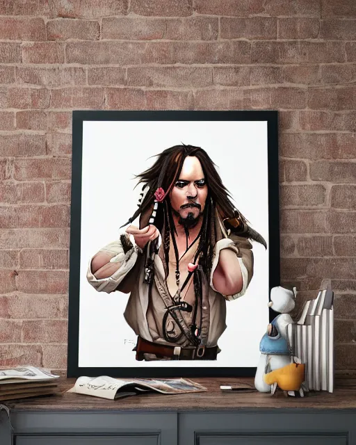 Image similar to a detailed poster in white frame hanging on the wooden wall, portrait of captain jack sparrow, in the style of ilya kuvshinov, rossdraws, wlop