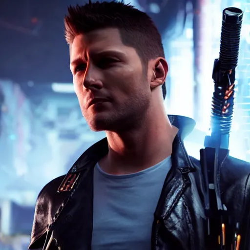 Image similar to a detailed full bodied 3 d render of an extremely handsome jensen ackles as the terminator walking down a dark alley in cyberpunk 2 0 7 7, holding futuristic crossbow, volumetric lighting, octane render, 8 k, art by hayao miyazaki and hideo kojima