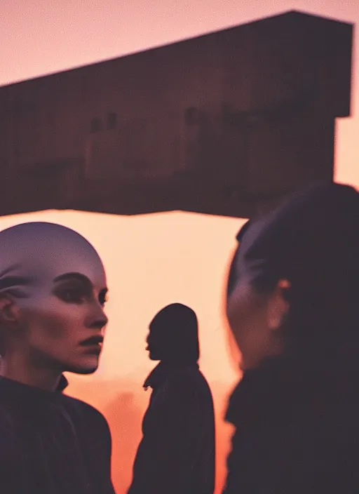 Image similar to cinestill 5 0 d photographic portrait of two loving female androids wearing rugged black techwear on a desolate plain with a red sky in front of a brutalist structure, extreme closeup, cyberpunk style, dust storm, 8 k, hd, high resolution, 3 5 mm, f / 3 2, ultra realistic faces, ex machina