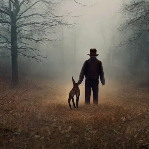 Image similar to Ryan Gosling holding a cute caracal, in style of stranger things by Aron Wiesenfeld and beksincki, cinematic, detailed illustration, nature, fog, dark colors, suspense, intricate, 8k
