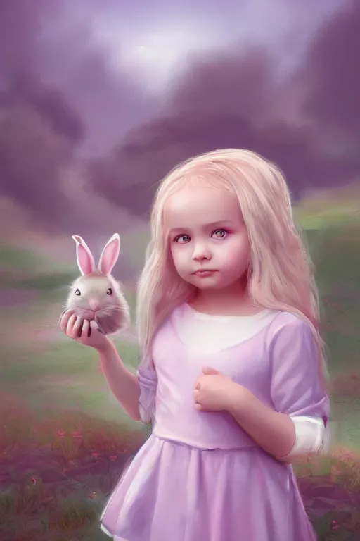 Prompt: matte sharp painting cute little girl and rabbit landscape painted by mark rydel artstation behance storybook style pastel colors