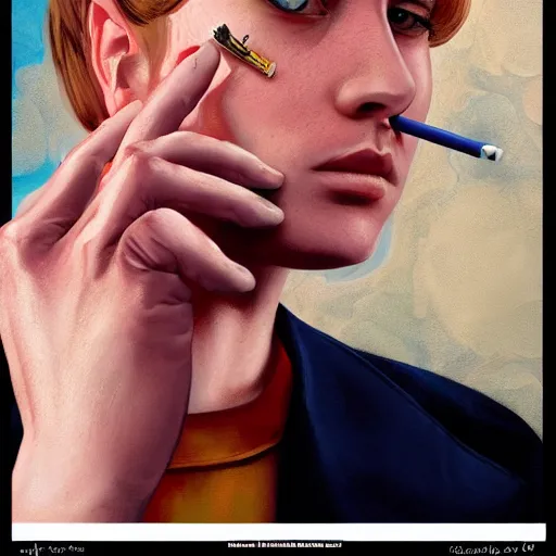 Prompt: a young woman holding a cigarette between her fingers, highly detailed, sharp focus, digital painting, artwork by martine johanna + joe jusko + Victor Adame Minguez + Yuumei + Tom Lovell + Sandro Botticelli