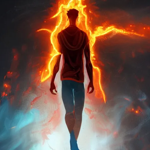 Prompt: young cyberpunk man from behind with flames coming out of hands at the end of the world, very detailed, realistic, symmetrical face, art by digital painting