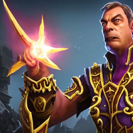 Image similar to nigel farage as a paladin in world of warcraft, splash art, movie still, cinematic lighting, dramatic, octane render, long lens, shallow depth of field, bokeh, anamorphic lens flare, 8 k, hyper detailed, 3 5 mm film grain