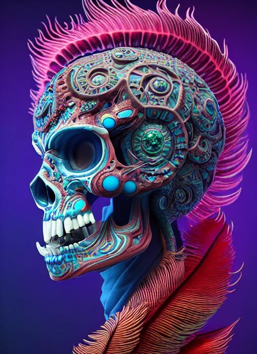 Image similar to 3 d shaman with tattoos profile portrait, sigma 5 0 0 mm f / 5. beautiful intricate highly detailed quetzalcoatl skull and feathers. bioluminescent, plasma, lava, ice, water, wind, creature, thunderstorm! artwork by tooth wu and wlop and beeple and greg rutkowski, 8 k trending on artstation,