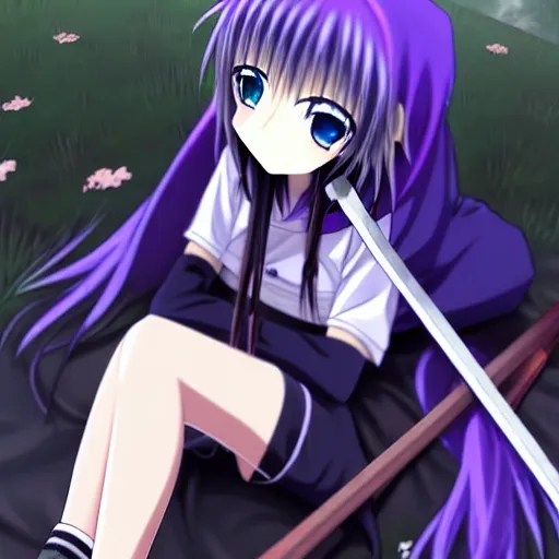 Prompt: A cute young real life 3D anime girl with long blueish violet hair, wearing a black reaper hood with shorts, a bloody scythe is laying next to her foot, in a dark field, top down angle, laying on her back