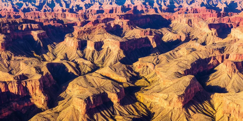 Prompt: drone shot photo of a landscape with mountains and grand canyons, wallpaper, very very wide shot, warm, national geographic, award landscape photography, professional landscape photography, sunny, day time, beautiful