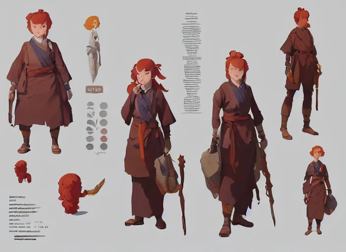 Prompt: character sheet for a ginger woman, for genshin impact by greg rutkowski, james gilleard, atey ghailan, makoto shinkai, goro fujita, studio ghibli, rim light, exquisite lighting, clear focus, very coherent, plain background, soft painting by huang guangjian and gil elvgren and sachin teng