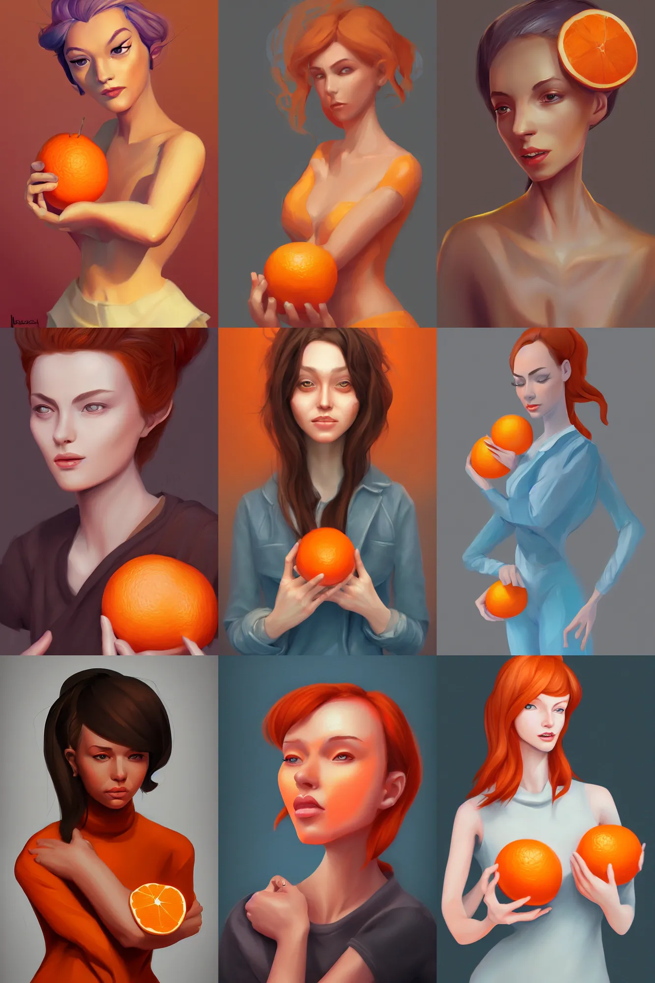 Prompt: a digital painting of a woman holding an orange, a character portrait by lois van baarle, trending on zbrush central, photorealism, artstation hd, detailed painting, photorealistic