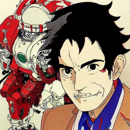 Image similar to portrait of [ romano prodi ] painted in miyazaki color style drawn by katsuhiro otomo and takato yamamoto, high detail, intricate linework, sharp, still shot from gurren lagann, mecha design, manga and anime