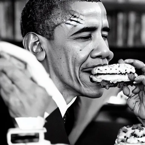 Image similar to Barack Obama eating a cheeseburger, photo realistic, award-winning, highly-detailed, epic, cinematic, dramatic