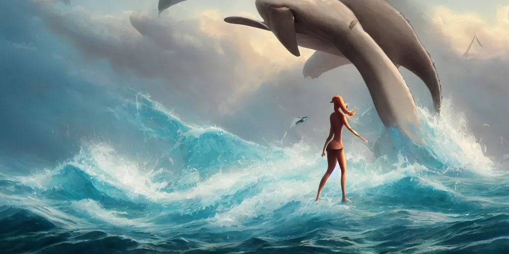 Image similar to close up of a beautiful girl on the horizon, hold the trident, model pose, slightly smiling,, big wave, big whale fighting against sharks on the background, by peter mohrbacher and makoto shinkai and ferdinand knab