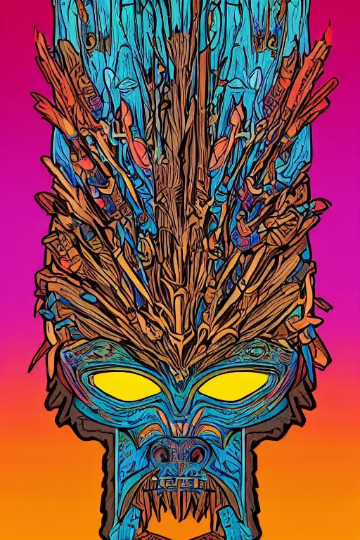 Image similar to animal mask totem roots flower tribal feather gemstone plant wood rock shaman vodoo video game vector cutout illustration vivid multicolor borderlands comics by josan gonzales and dan mumford radiating a glowing aura