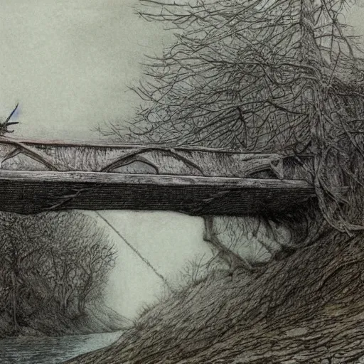 Prompt: rotting bridge drawn by Alan Lee