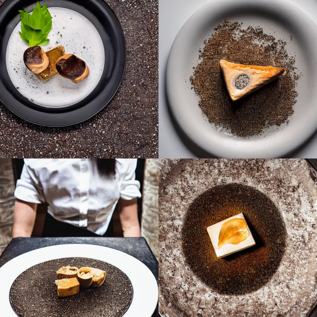 Prompt: foie gras served with dirt and gravel on a dinner plate, michelin star restaurant, 4K photo