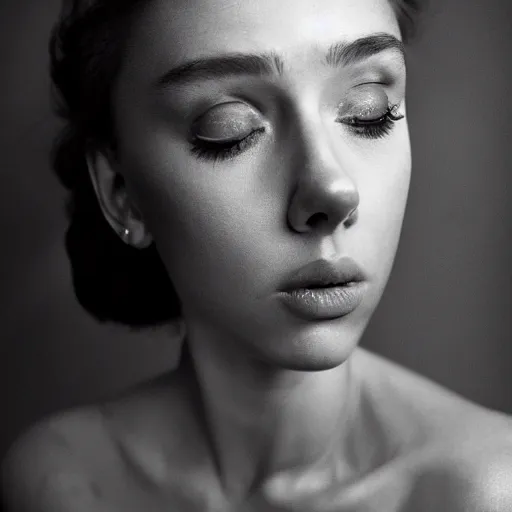 Prompt: dramtically lit, high quality studio photo of a girl who looks like 16-year old Audrey Hepburn and Scarlett Johansson, with parted lips and stunning, anxious eyes, wearing a silver satin gown, by Steve McCurry