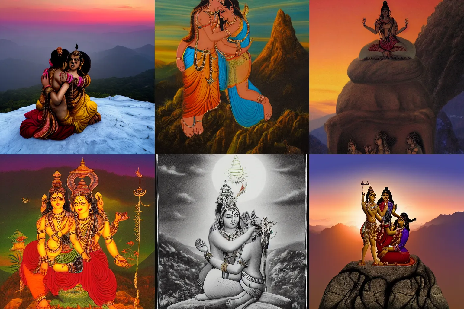 Prompt: shiva embraces lakshmi atop a mountain at dawn