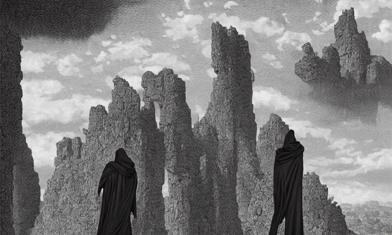 Prompt: a vibrant - colored ultraclear sideview of man wearing black cape hoodie in front of ruins in amazon landscape by laurie greasley and rene magritte, ( ( etching by gustave dore ) ), colorful flat surreal, ethereal, intricate, sharp focus, illustration, highly detailed, digital painting, concept art, masterpiece