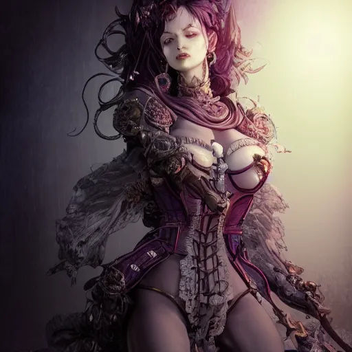 Prompt: the portrait of neutral evil fallen female dark knight vagabond as absurdly beautiful, gorgeous, elegant, sophisticated, idol, an ultrafine hyperdetailed illustration by kim jung gi, irakli nadar, intricate linework, bright colors, octopath traveler, final fantasy, unreal engine 5 highly rendered, global illumination, radiant light, detailed and intricate environment