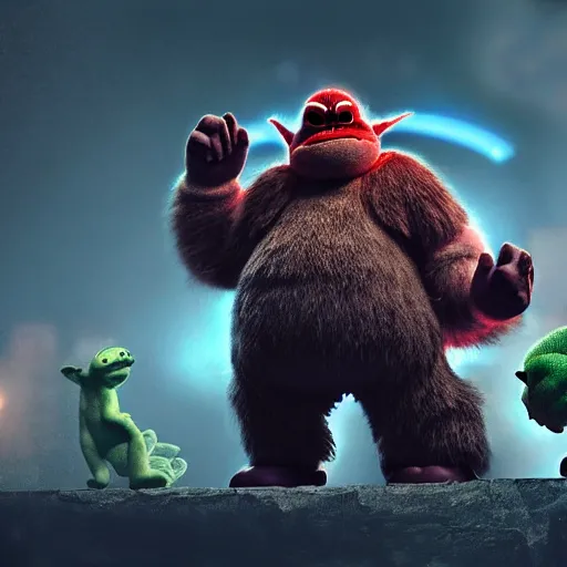 Prompt: mario godzilla yoda donkey kong pikachu yeti shrek super mario homer groot waluigi darth vader mike wazowski, highly detailed, extremely high quality, hd, 4 k, 8 k, professional photographer, 4 0 mp, lifelike, top - rated, award winning, cinematic, realistic, detailed lighting, detailed shadows, sharp, no blur, edited, corrected, trending