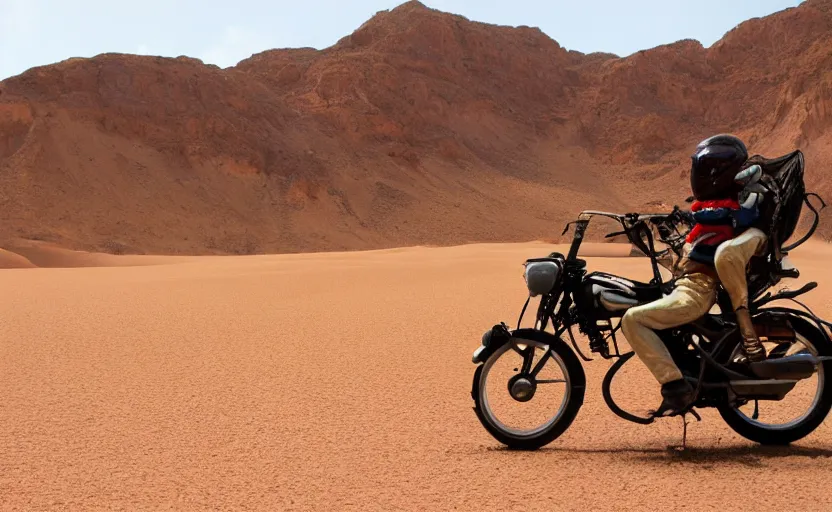 Image similar to gecko riding a mini motorcycle, in the desert, long road,