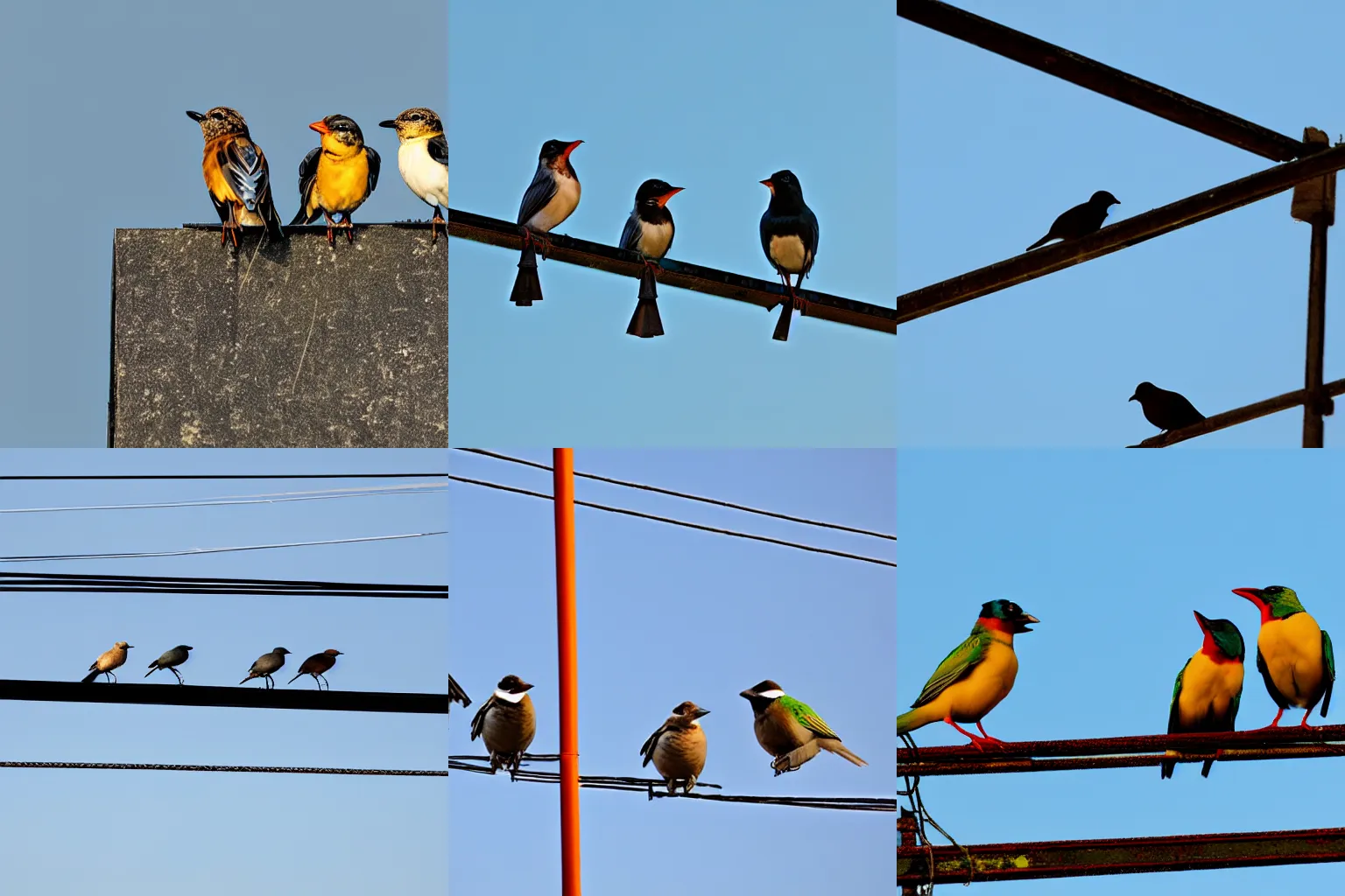 Prompt: Birds gossiping while sitting on a power line.