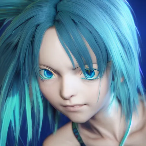 Image similar to a blue haired green eyes girl in a dynamic pose. character design. gesture drawing. line of action. official art, unreal engine 5, unreal engine. tetsuya nomura. medium shot. ray tracing hdr. 8 k. uhd. sharp focus. highly detailed. masterpiece. anime render. cinematic lighting. lifelike. symmetrical face. beautiful face