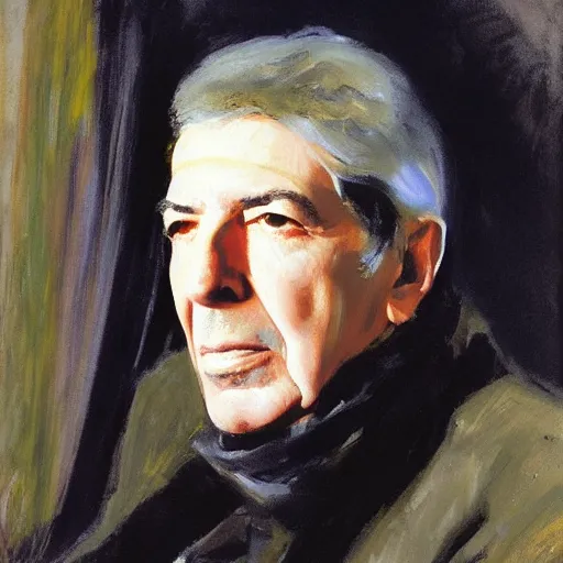 Image similar to portrait of leonard cohen, by john singer sargent and robert e. mcginnis