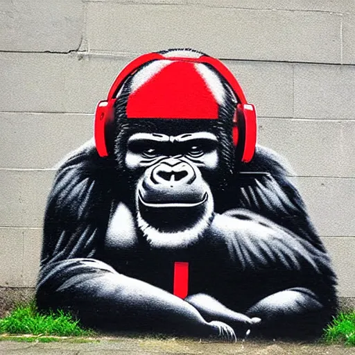 Image similar to gorilla wearing red headphones by banksy