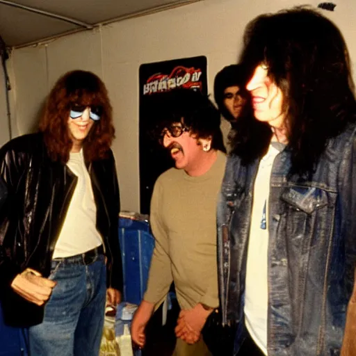 Prompt: joey ramone meeting billy joel backstage at a concert in 1 9 8 6