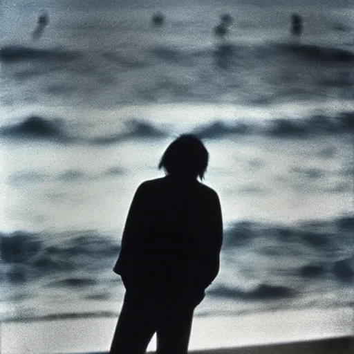 Prompt: tatsuro yamashita standing in the ocean looking at the camera, wide shot, far!!!!!!! away, zoomed out, distance!!!!!!! shot, sunset, centered!!!!!!!!!!, album cover, 1980, ride on time