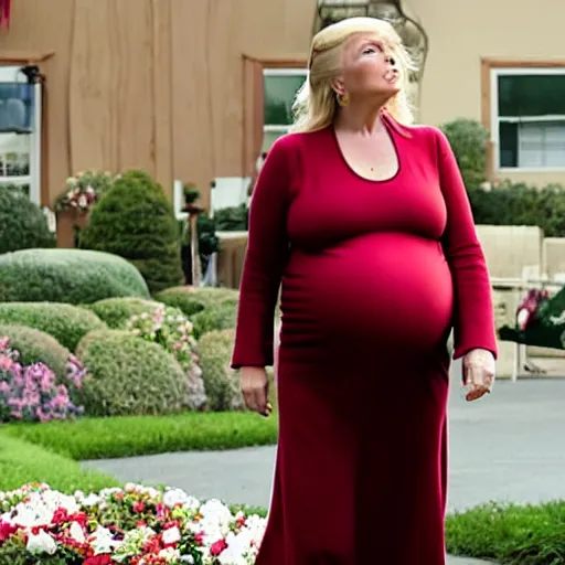 Image similar to Pregnant Donald Trump in a dress, Hallmark movie, movie still, chick flick