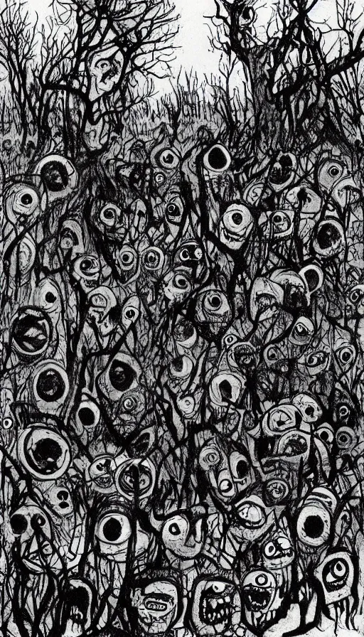 Image similar to a storm vortex made of many demonic eyes and teeth over a forest, by raymond briggs