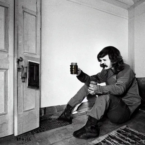 Image similar to an alien is sitting in the entrance of a soviet house, eating seeds and drinking beer, top secret style photo, 7 0 s