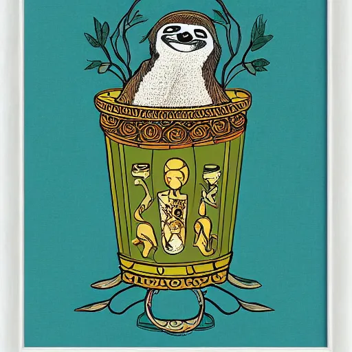 Image similar to sloth as the king of cups, framed, intricate details, medieval art style, high contrast, posterized