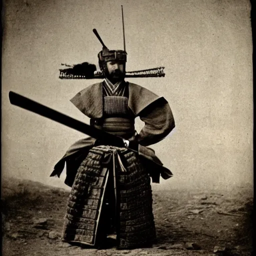 Prompt: samurai posing before the sphynx. in egypt giza. 1 8 6 3.