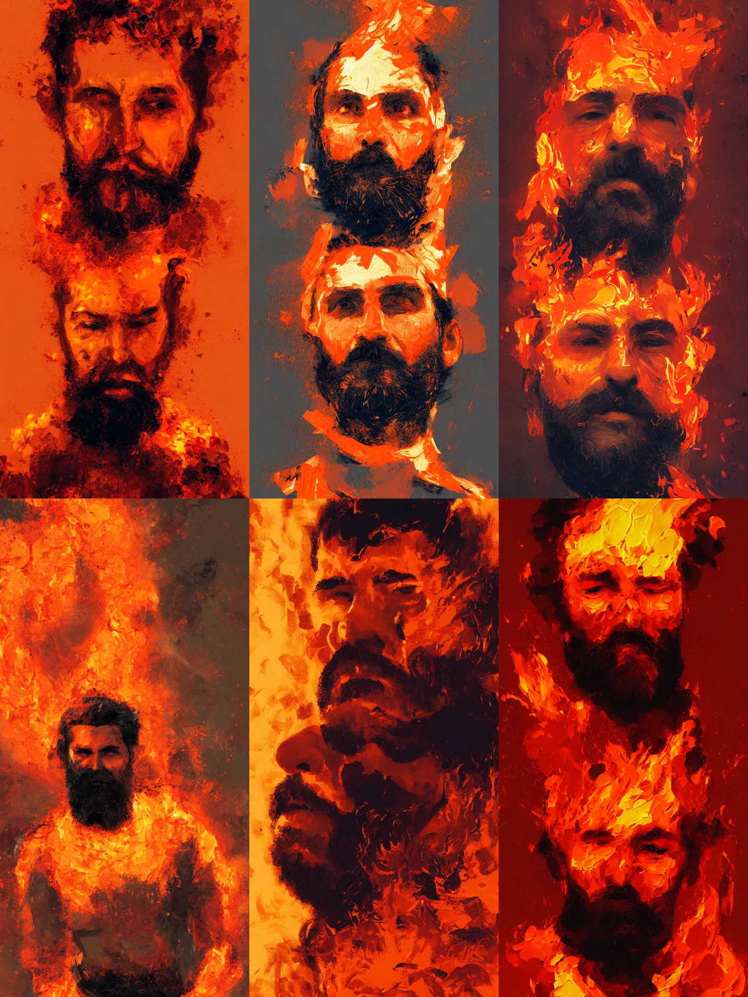 Prompt: abstract painting of man engulfed in flames, handsome. Bearded. by craig mullins, featured on artstation. Portrait. Soviet era pose. Orange. Pain