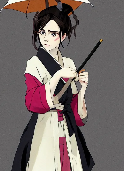 Image similar to emma watson as nezuko from demon slayer anime ねずこ nezuko from demon slayer anime ねずこ nezuko from demon slayer anime ねずこ wearing kimono wrapped mouth by artgem by greg rutkowski trending on artstation