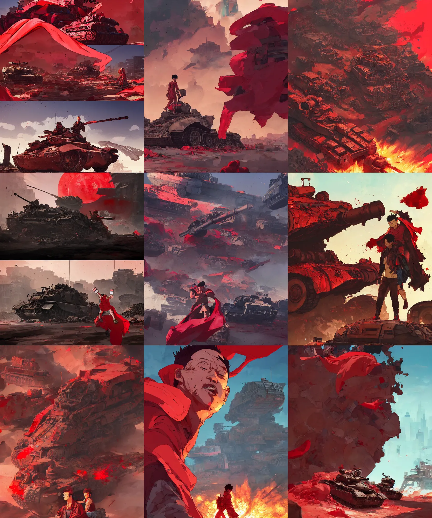 Prompt: a scene of destroyed tanks and a close up of tetsuo with red cape from akira, vibrant colors and hard shadows and strong rim light, comic cover art, plain background, trending on artstation, in the style of atey ghailan and charlie bowater and mike mignola and artgerm