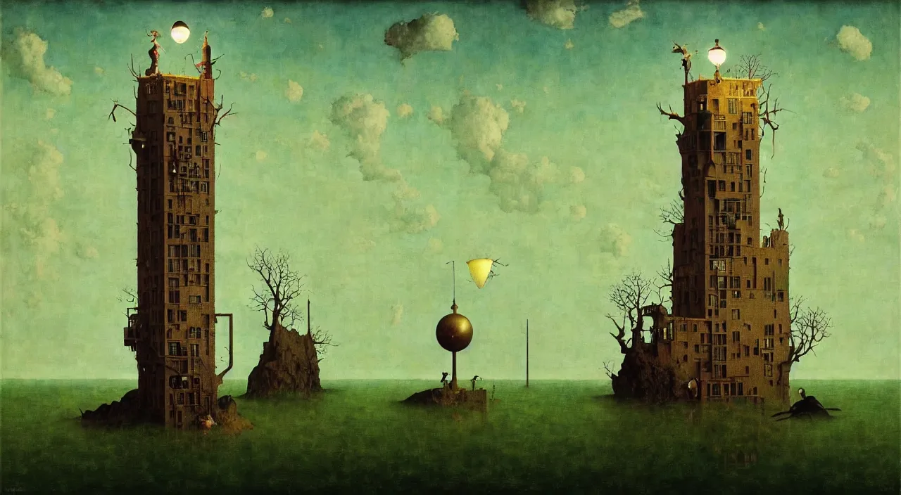 Prompt: single flooded simple!! lamp tower, very coherent and colorful high contrast masterpiece by norman rockwell franz sedlacek hieronymus bosch dean ellis simon stalenhag rene magritte gediminas pranckevicius, dark shadows, sunny day, hard lighting