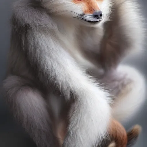 Image similar to fox as a monkey, fluffy white fur, very long tail, award winning creature portrait photography, extremely detailed, artstation, 8 k, sensual lighting, incredible art, wlop, artgerm