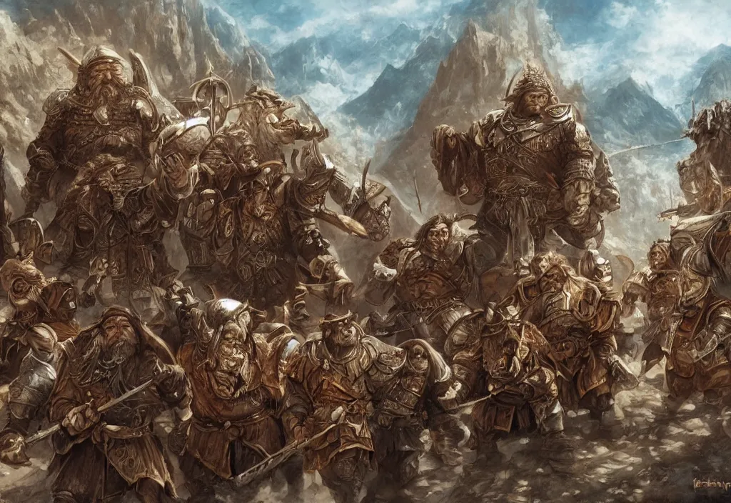 Image similar to a dwarven caravan travelling through the mountains with a large wagon, armored guards and merchants | hyperdetailed | d&d | lord of the rings | ralph horsley | wayne reynolds |