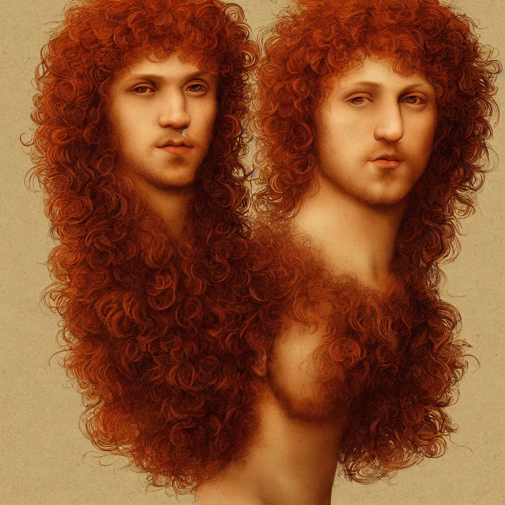 Prompt: illustration of a short curly orange hair man as a portrait, smooth, reflects, masterpiece artwork, ultra detailed, artgerm, style by leonardo da vinci, digital art, trending on artstation, behance, deviantart