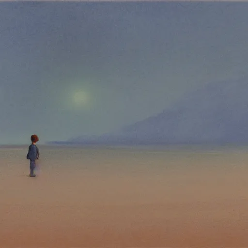 Image similar to atmospheric dreamscape painting of a boy standing on the beach on a foggy day, by moebius and john harris, atmospheric blues, concept art, saturation 40