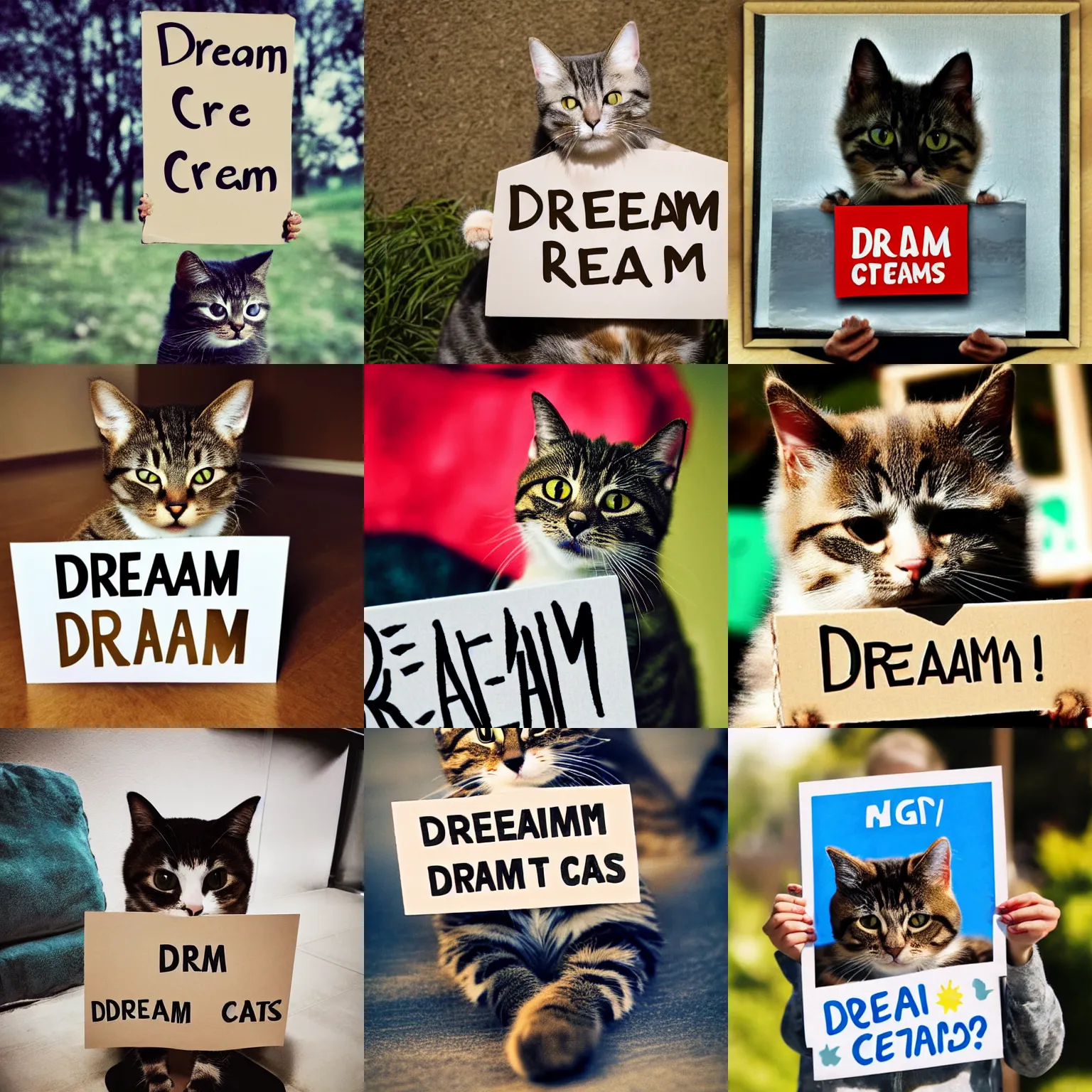 Prompt: realistic high quality photo of a cute cat holding a sign with text that reads : dream cats