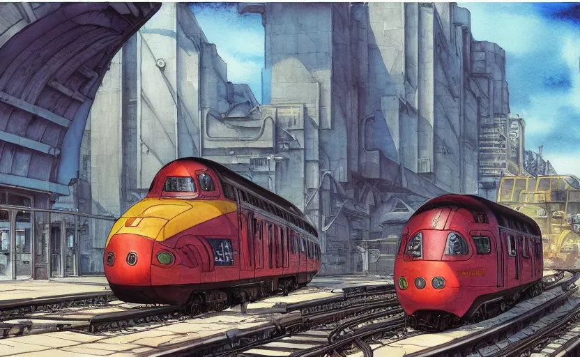 Prompt: urban train, colorful watercolor. by rembrant, battle angel alita, ralph mcquarrie, aluminum, 1 6 6 7