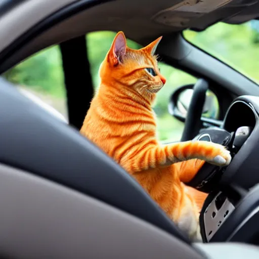 Prompt: an orange tabby cat driving a car like a human